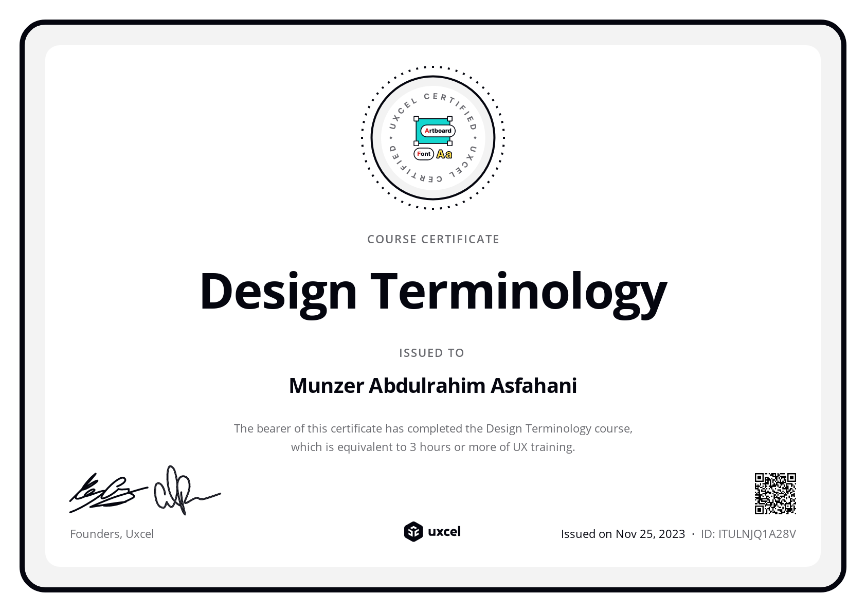 Munzer Abdulrahim Asfahani's certificate